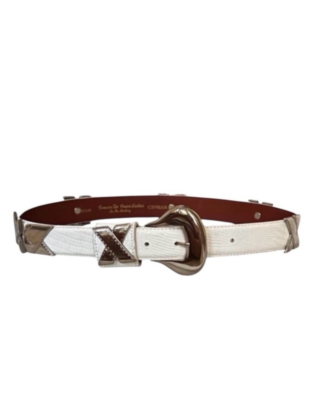 Cipriani White Alligator Embossed Leather Belt with Silver Accents